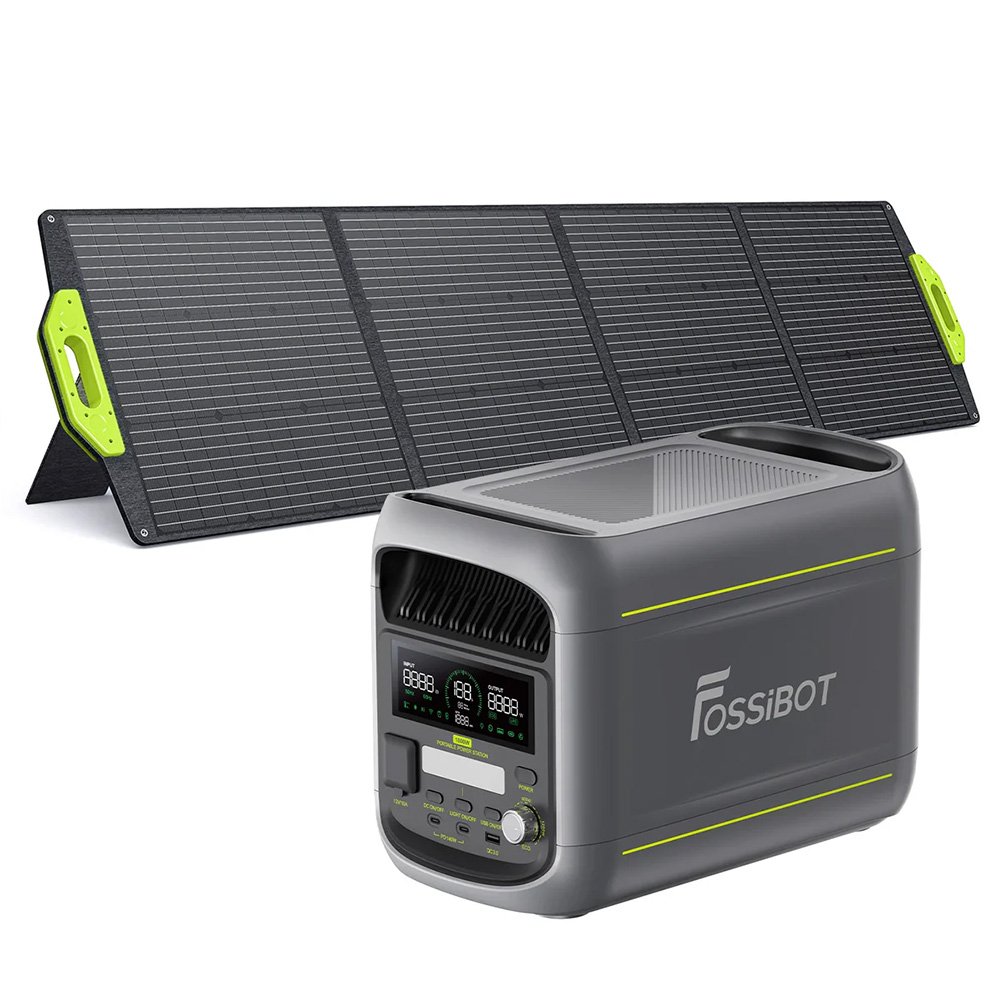 Station d'alimentation portable FOSSiBOT F1800 grise avec panneau solaire pliable SP200 de 200 W