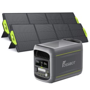 Station d'alimentation portable FOSSiBOT F1800 grise avec deux panneaux solaires pliables SP200