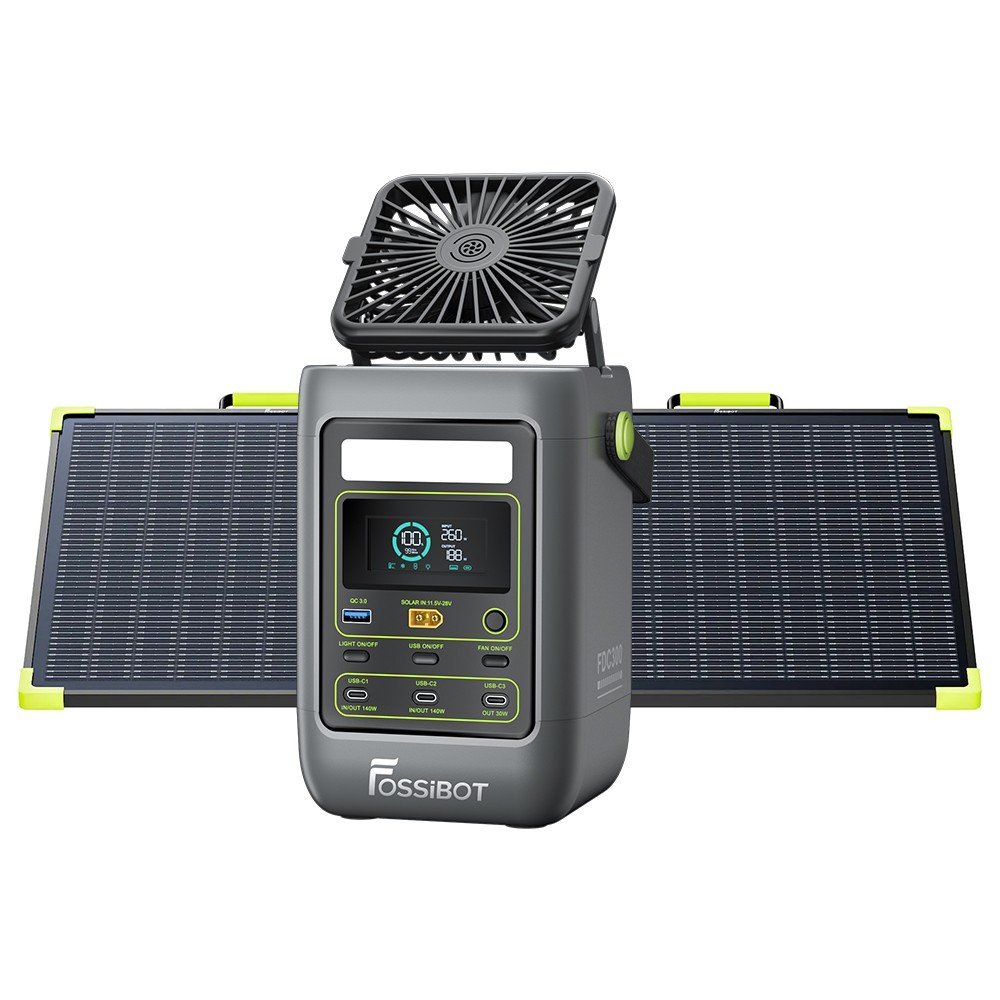 Station d'alimentation portable FOSSiBOT FDC300 avec son panneau solaire SP100 Pro