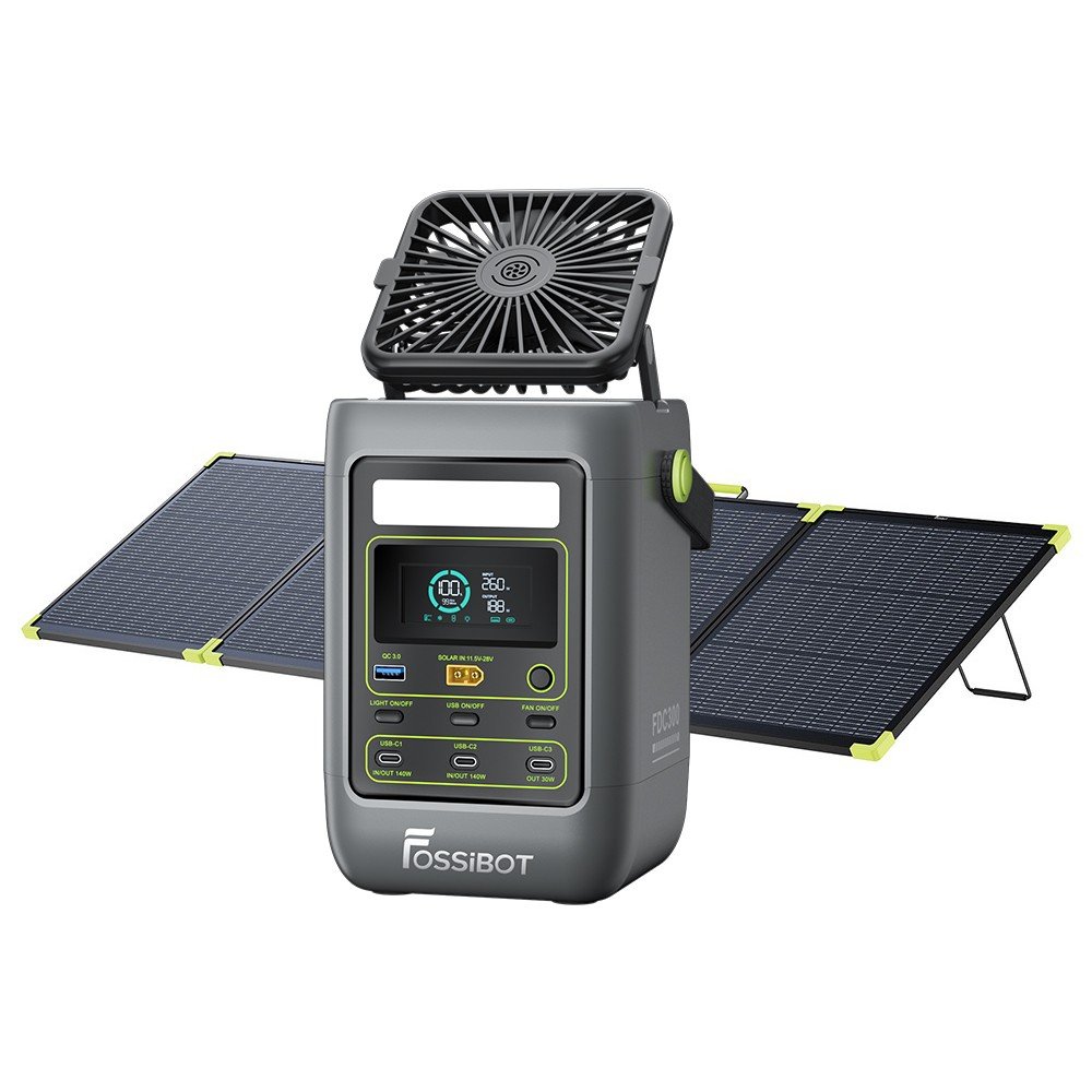 Station d'alimentation portable FOSSiBOT FDC300 avec son panneau solaire SP200 Pro