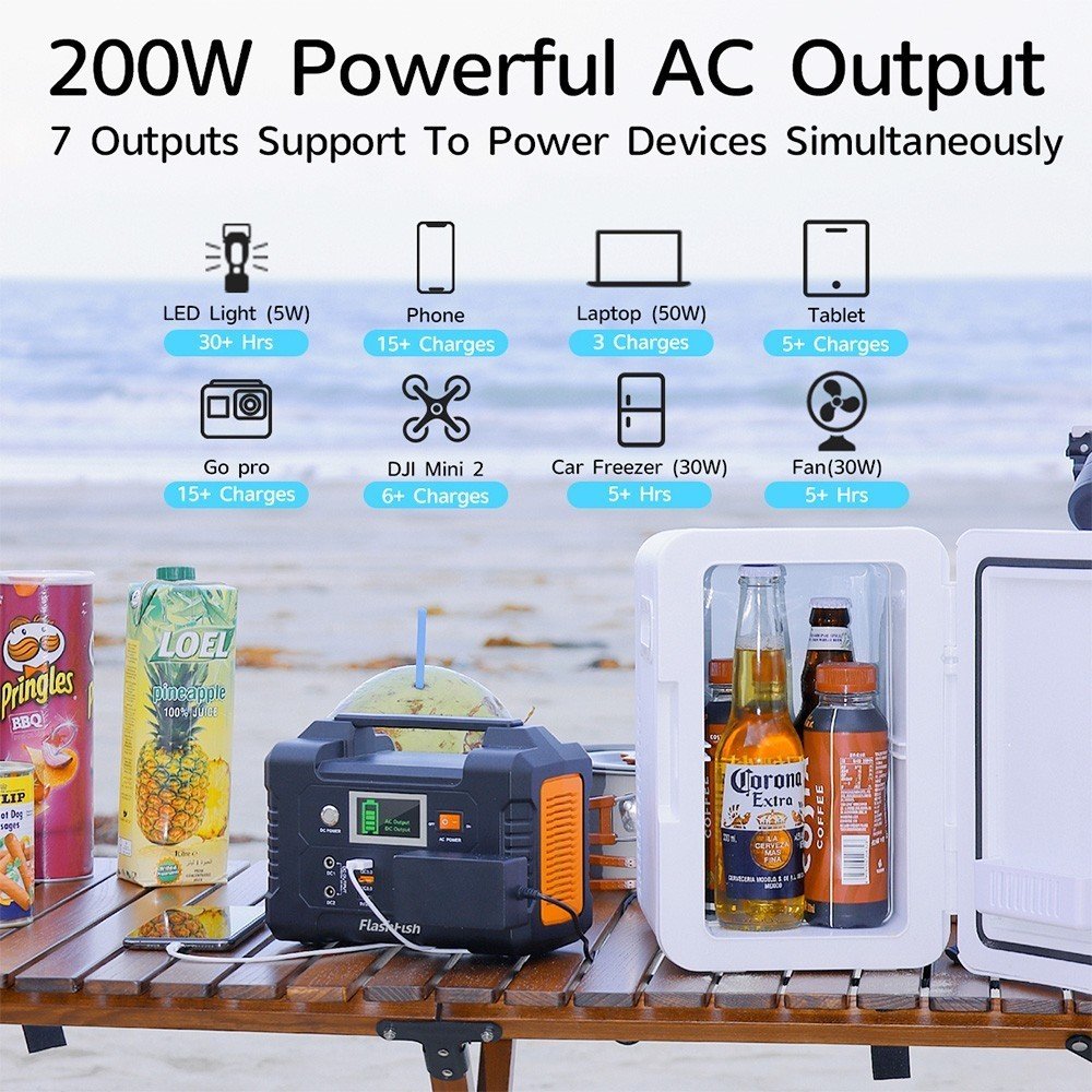 Centrale électrique portable FlashFish E200 avec batterie lithium 151 Wh et sorties AC, DC et USB – vue 2