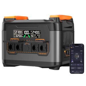 Station d'alimentation portable NECESPOW S2400 orange et noire, batterie LiFePO₄ 2048 Wh, 2400 W, avec ses ports de sortie