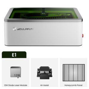 Graveur laser SCULPFUN E1 12W fermé, blanc et vert, avec couvercle de protection – vue 2
