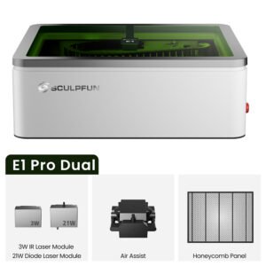 Graveur laser fermé SCULPFUN E1 Pro Dual blanc et vert, double laser diode 21 W et infrarouge 3 W