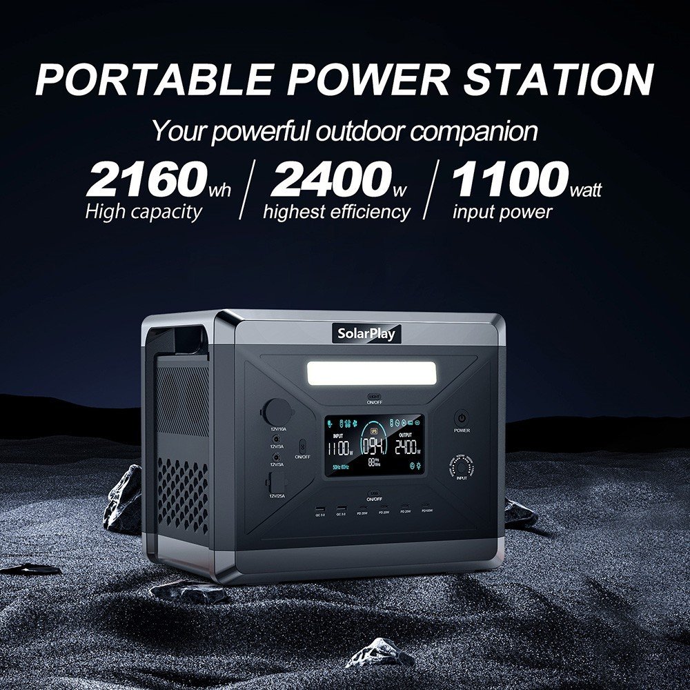 Centrale électrique portable SolarPlay Q2501 gris foncé avec ses ports de sortie AC, DC et USB et son écran LCD – vue 2