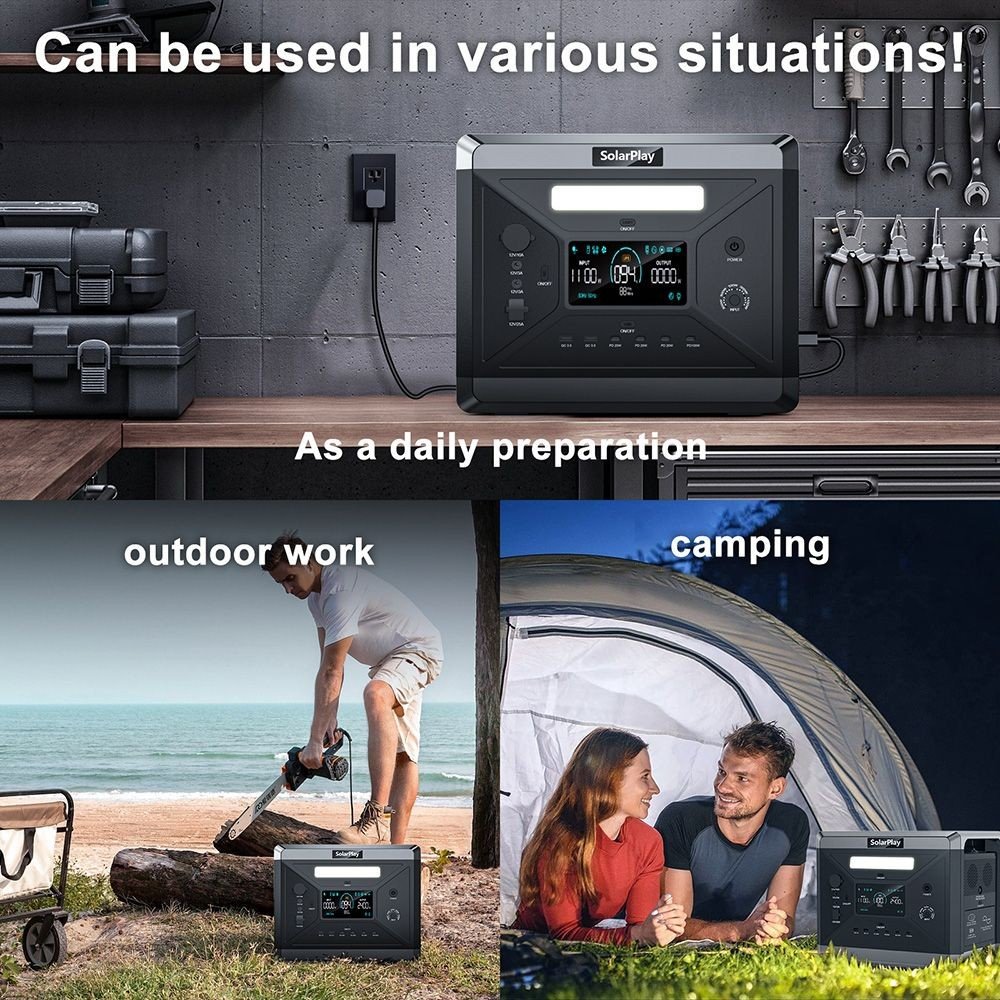 Centrale électrique portable SolarPlay Q2501 gris foncé avec ses ports de sortie AC, DC et USB et son écran LCD – vue 5