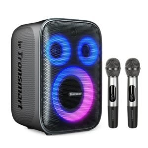 Enceinte de fête Tronsmart Halo 200 noire avec ses deux microphones sans fil
